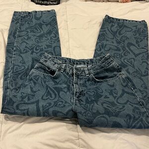 Patterned Blue Straight Leg Jeans